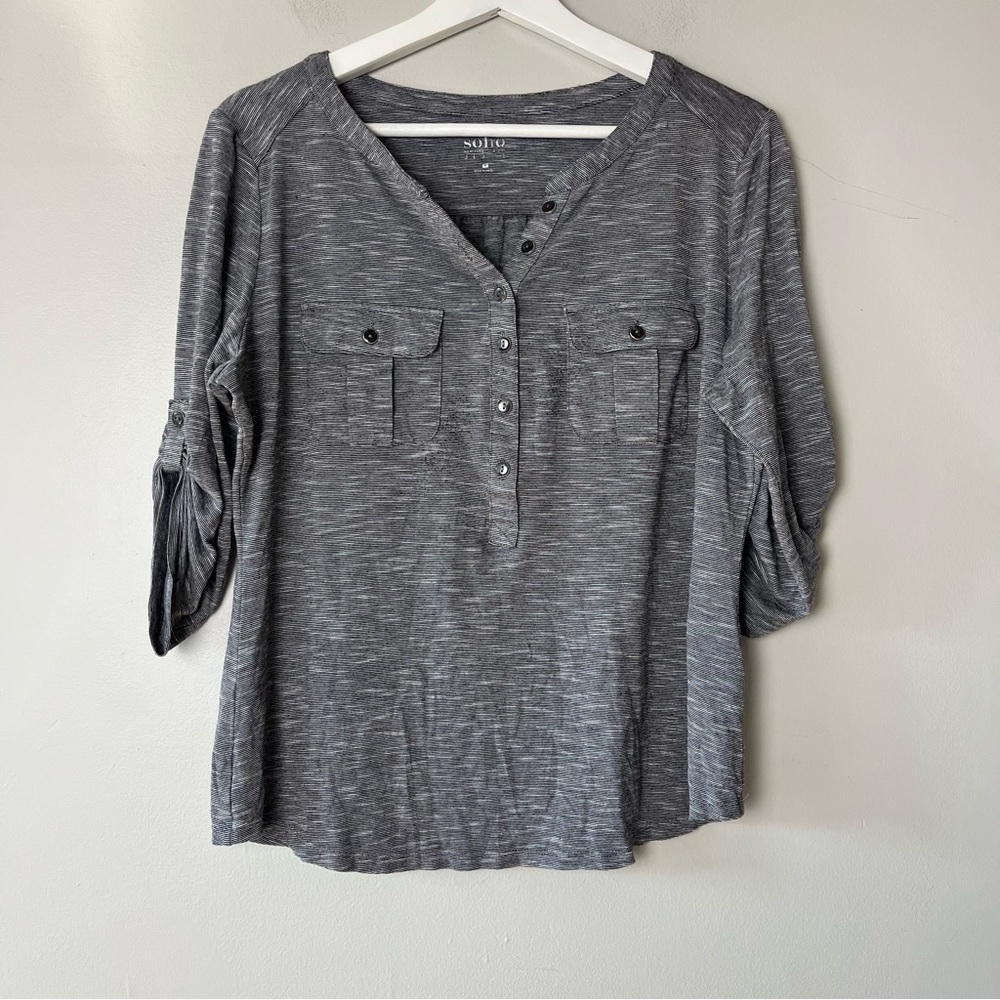 Soho‎ NY&C Jeans Striped Black and White V-Neck 3/4 Sleeve Top Medium